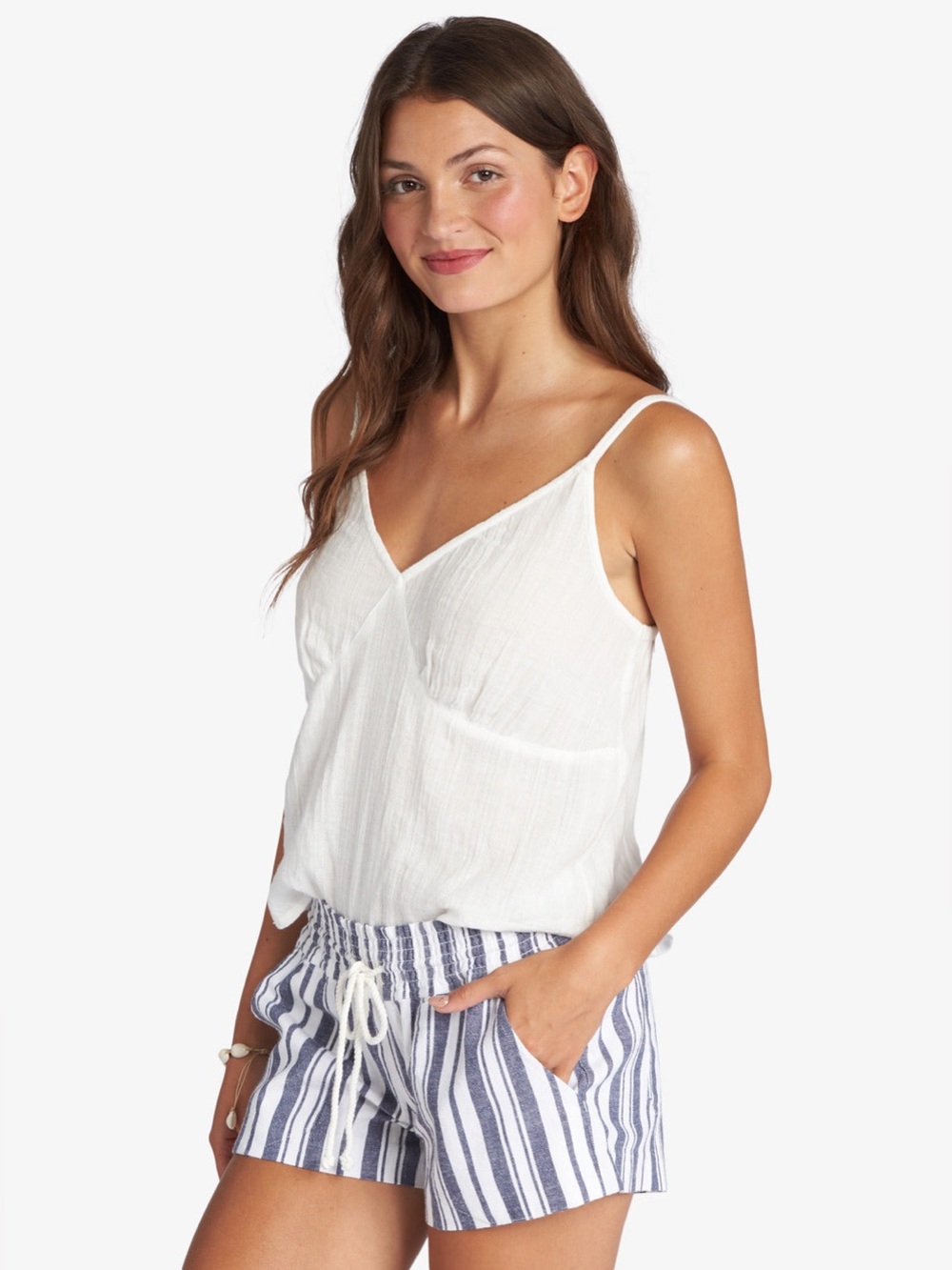 Roxy Oceanside Striped Shorts S Linen Blend Elastic Waist Drawstring Summer
